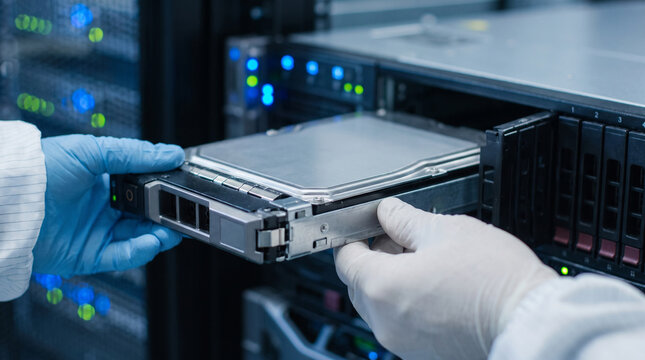 Technician installing server hard drive disk storage unit data center equipment maintenance focused professional infrastructure hardware
