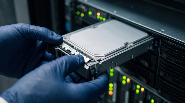 Technician installing hardware storage drive into server rack, focused professional handling data center equipment for digital system