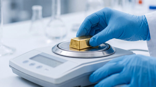 Scientist weighing yellow gold ingot on digital scale with focus and precision in laboratory setting for research or analysis