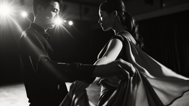 Dramatic black and white photograph of an Asian couple dancing on stage under bright spotlights