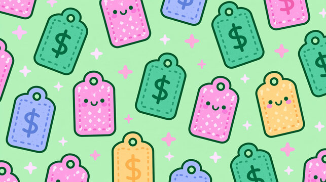 seamless pattern of kawaii price tags with dollar signs wallpaper, money and shopping graphics