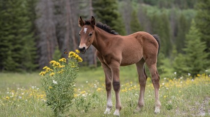 A curious young horse foal with oversized hooves curiously nudging yellow wildflowers in a grassy field