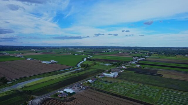 Aerial view of agricultural farms and crops fields. Agricultural landscapes from above. Soil with planted vegetables. Planting rows of crops for harvesting. Designated Specialty Crop Area.
