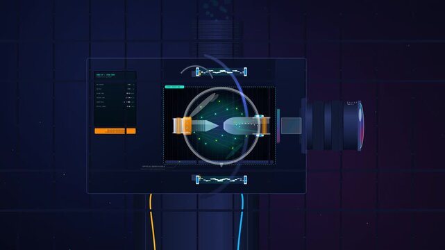 2D schematic animation of a 15kW xenon arc lamp cinema projector showing internal components like dichroic cold mirror, tungsten electrodes, and the ignition of a 10000K solar plasma core