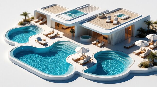 Modern luxury villa with multiple pools and lounge areas. Sleek architectural design offers serene relaxation and opulent resort feel. Perfect for vacations and high-end living.