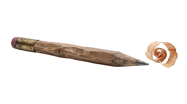 Vintage rustic wooden pencil with eraser, hand-carved graphite drawing tool, weathered timber pencil and wood shaving isolated PNG with Transparent Background
