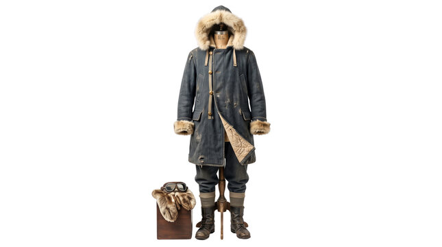 Vintage arctic expedition parka with fur hood, antique winter survival gear for polar exploration, rustic heavy duty cold weather clothing isolated PNG with Transparent Background