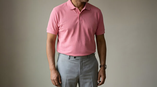 Man in pink shirt with wet stain on gray pants