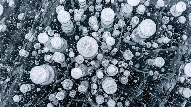 Methane gas bubbles trapped under frozen lake ice