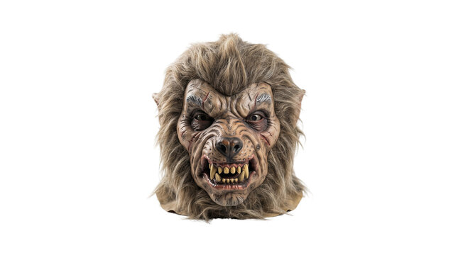 Scary werewolf mask with realistic brown fur, terrifying monster head for Halloween costume, hairy wolf creature face with sharp teeth isolated PNG with Transparent Background