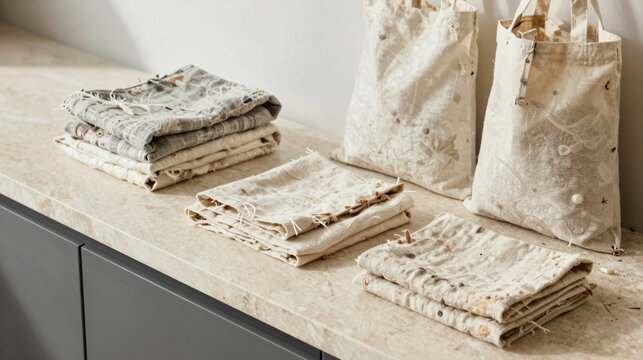 Assorted folded patterned fabric napkins and two canvas tote bags on a beige marble kitchen counter