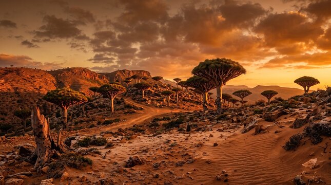 Dragon blood trees landscape in socotra at sunset