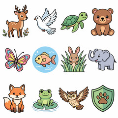 Obraz premium Cute cartoon animals vector set featuring wild and domestic creatures in a playful style