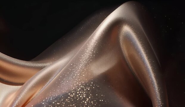 Shimmering rose gold fabric waves elegantly against a dark background