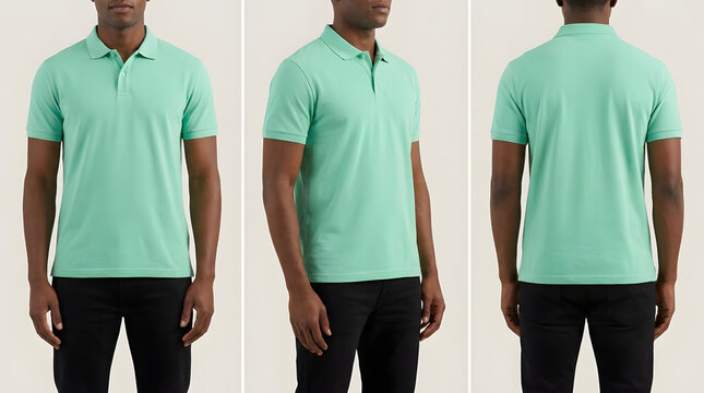 Man in mint green polo shirt three views.