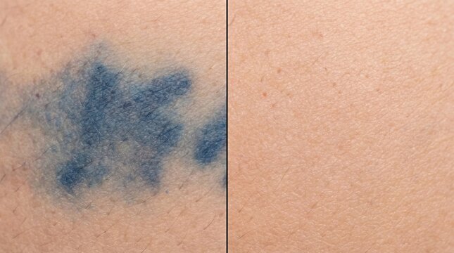 Before and after comparison split screen image of blue tattoo removal process on human skin