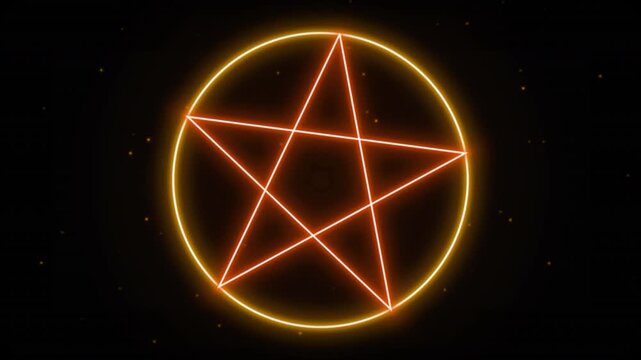 Glowing Orange Neon Pentagram Symbol in Circle on Dark Space Background, Esoteric Wicca Pagan Occult Mysticism Concept Illustration
