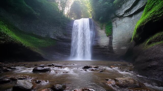 Majestic Waterfall Cascading Down Rocky Cliffs into a Serene River.