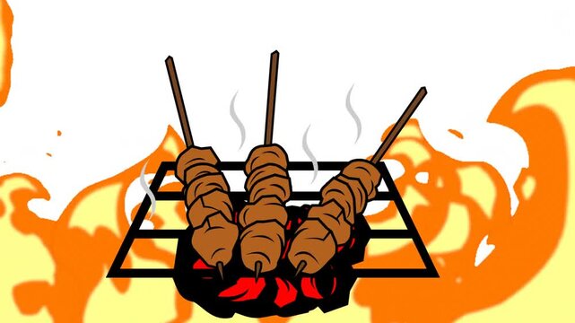Barbecue Meat Skewers Grilling Over Charcoal Fire Flames Cartoon Animation