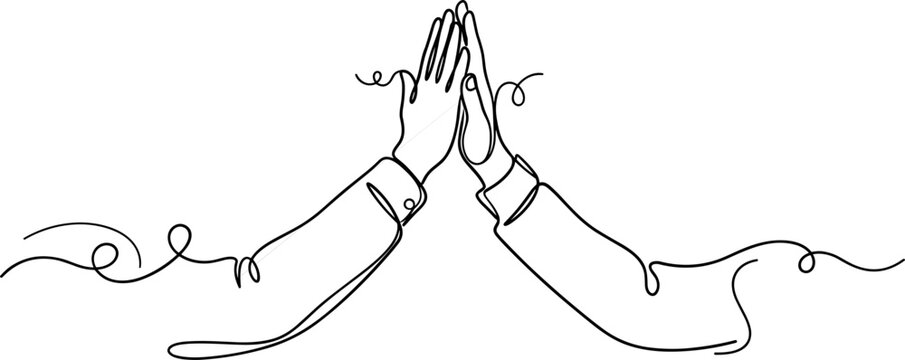 Continuous line art of two hands giving a high five.