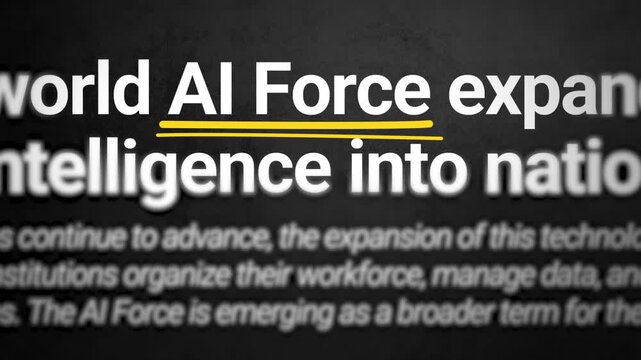 Close up 4k footage of AI Force highlighted text on black background for technology concept