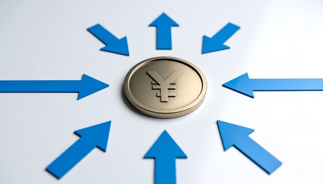 Blue arrows surround a metallic yen coin, representing currency markets, foreign exchange, international finance, monetary movement, and economic decisions.