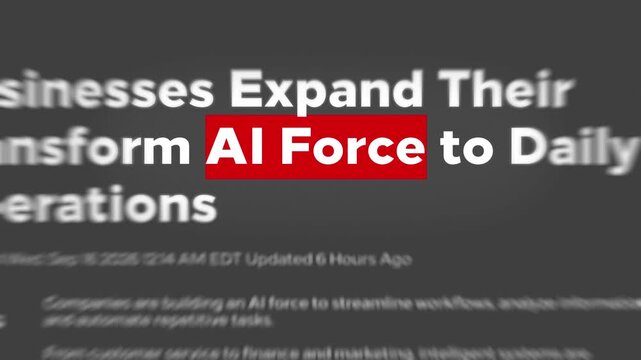 AI Force Highlighted Word in Headline on Dark. Artificial Intelligence, AI Surveillance, AI Technology Development, Smart Monitoring Technology, Oversee Industry, Tech News. 4K Motion Graphics