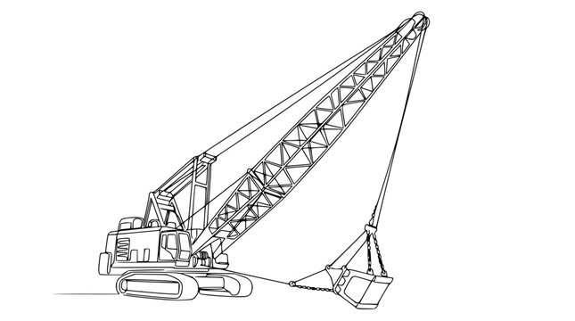 Isolated industrial dragline excavator line art, construction machine