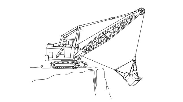 Dragline Excavator Machine Lifting Dirt Over Cliff Edge, Line Art