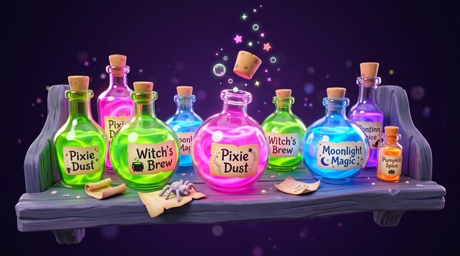 Colorful magic potion bottles with glowing labels arranged on a rustic wooden shelf in darkness with vibrant liquids labeled glass bottles filled
