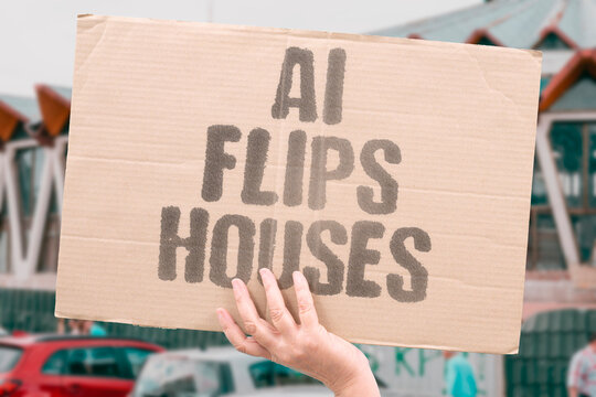 "AI flips houses" Algorithms find undervalued real estate deals. AI. FLIPS. HOUSES. ALGORITHMS. REAL.
