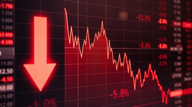Stock Market Crash and Financial Crisis Concept with Decreasing Red Arrow and Line Graph On Screen