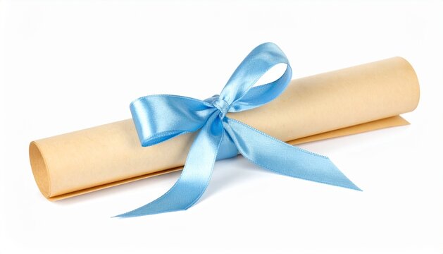 Diploma scroll tied with blue ribbon isolated on white background