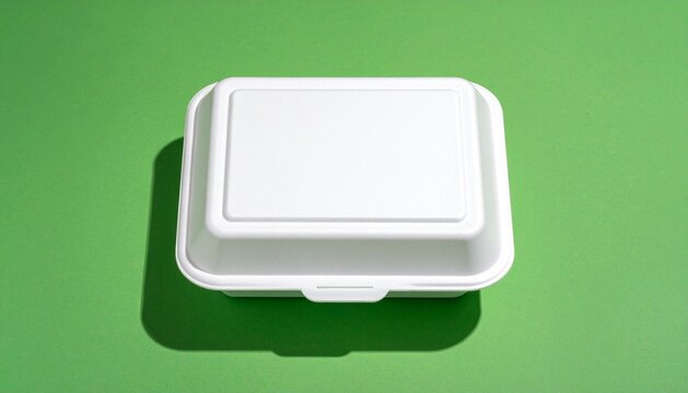 White foam food container closed takeaway box mockup on green background