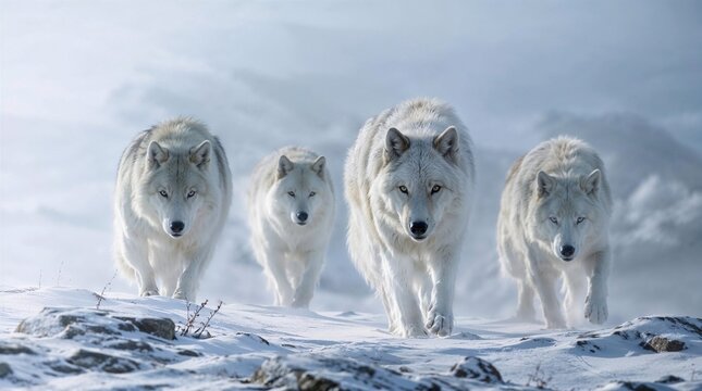 AI generated pack of majestic white Arctic wolves walking through a snowy winter landscape


