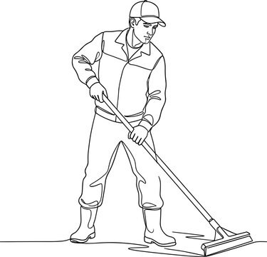 A janitor in a uniform holding a mop to clean the floor.