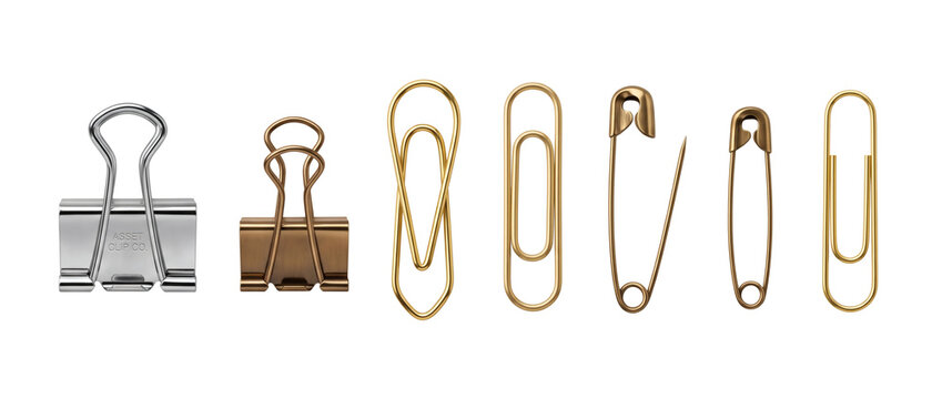 Set of shiny metallic office stationery fasteners: black binder clips, paperclips and safety pins. Corporate office organization paper clips on pure white background template display setting.