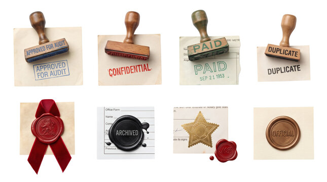 Set of vintage red sealing wax stamps, embossed wax seal wafers and brass handled notary stampers. Official legal authentication document seals on pure white background template display.