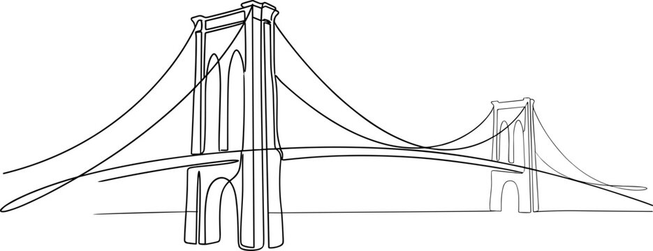 A hand-drawn black and white sketch of a suspension bridge with two large towers and suspension cables.
