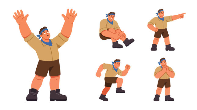 Cartoon scout leader demonstrating various hand signals outdoors
