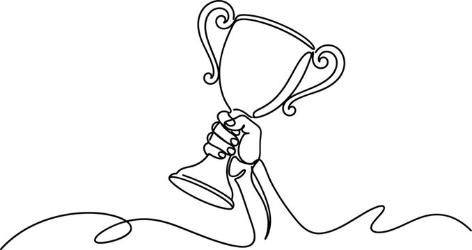 A continuous line art drawing depicting a hand holding a trophy cup aloft.