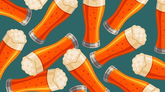 Festive animated background featuring repeating glasses of golden beer with creamy foam on a teal backdrop