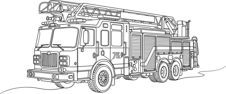 Outline drawing of a large fire truck with an extension ladder on top.