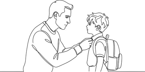 Fototapeta premium A father is gently adjusting his young son collar as they prepare for school together.