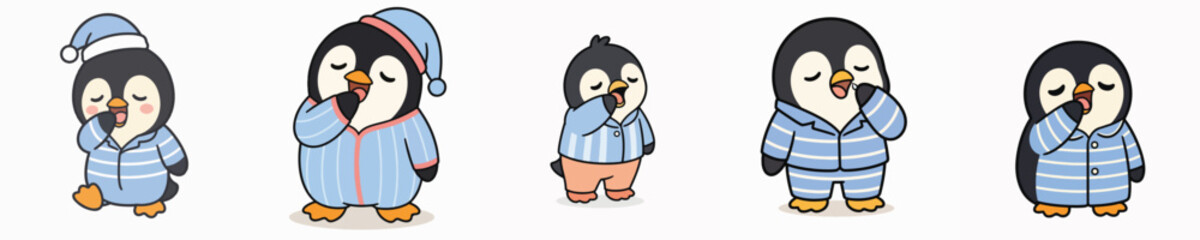 Fototapeta premium A set of cute vector penguins dressed in pajamas and yawning sleepily.