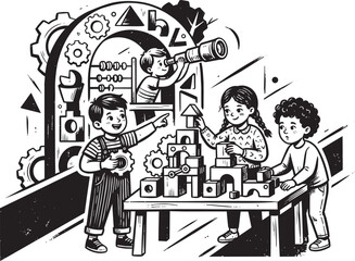 Obraz premium Children playing with wooden blocks, gears, and a telescope in a black and white hand-drawn style on a white background isolated