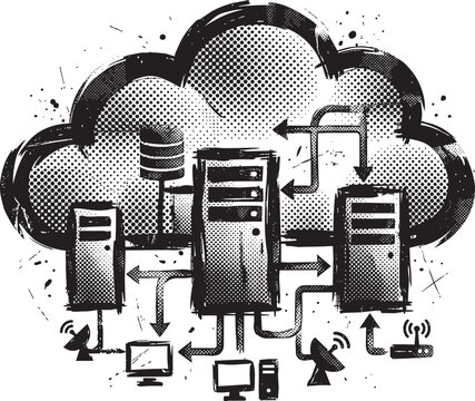 Cloud computing network diagram with central servers, database, satellite dishes, and computer workstations in a black and white style on white