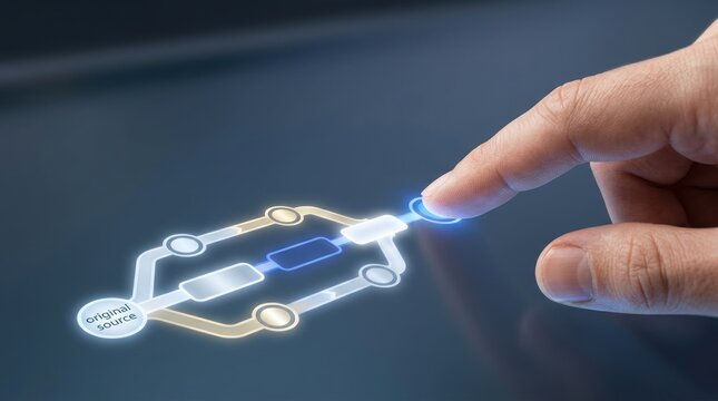 Finger selecting endpoint in digital data lineage workflow traced to original source for audit trail and enterprise traceability
