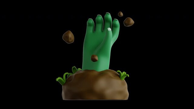 Green zombie hand emerging from the dirt rotating in a seamless loop as a 3D animated cartoon icon for spooky Halloween graveyard environments
