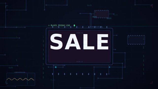 Black Friday glitch sale animation on futuristic circuit board motherboard with cpu core rgb split and digital distortion